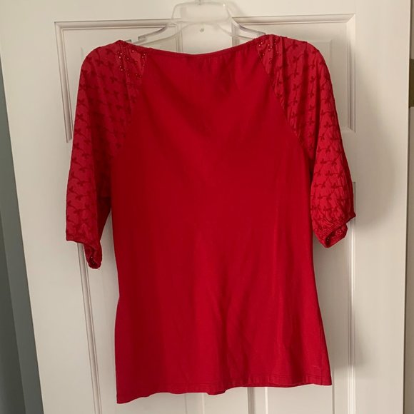 2/$20 Red Shirt with Eyelet Sleeves and Neckline - Size Medium - Picture 2 of 8